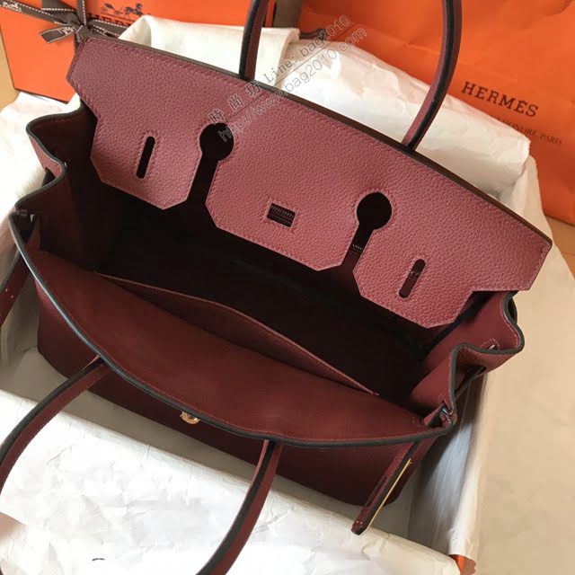 Hermes女包 愛馬仕Birkin Hermes鉑金包 togo小牛皮 酒紅 蠟線半手工縫製  am1712
